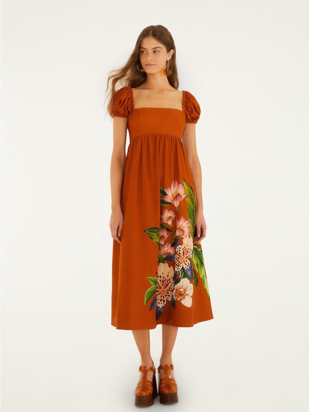 FARM RIO Brown Hilo Arrangment Midi Dress